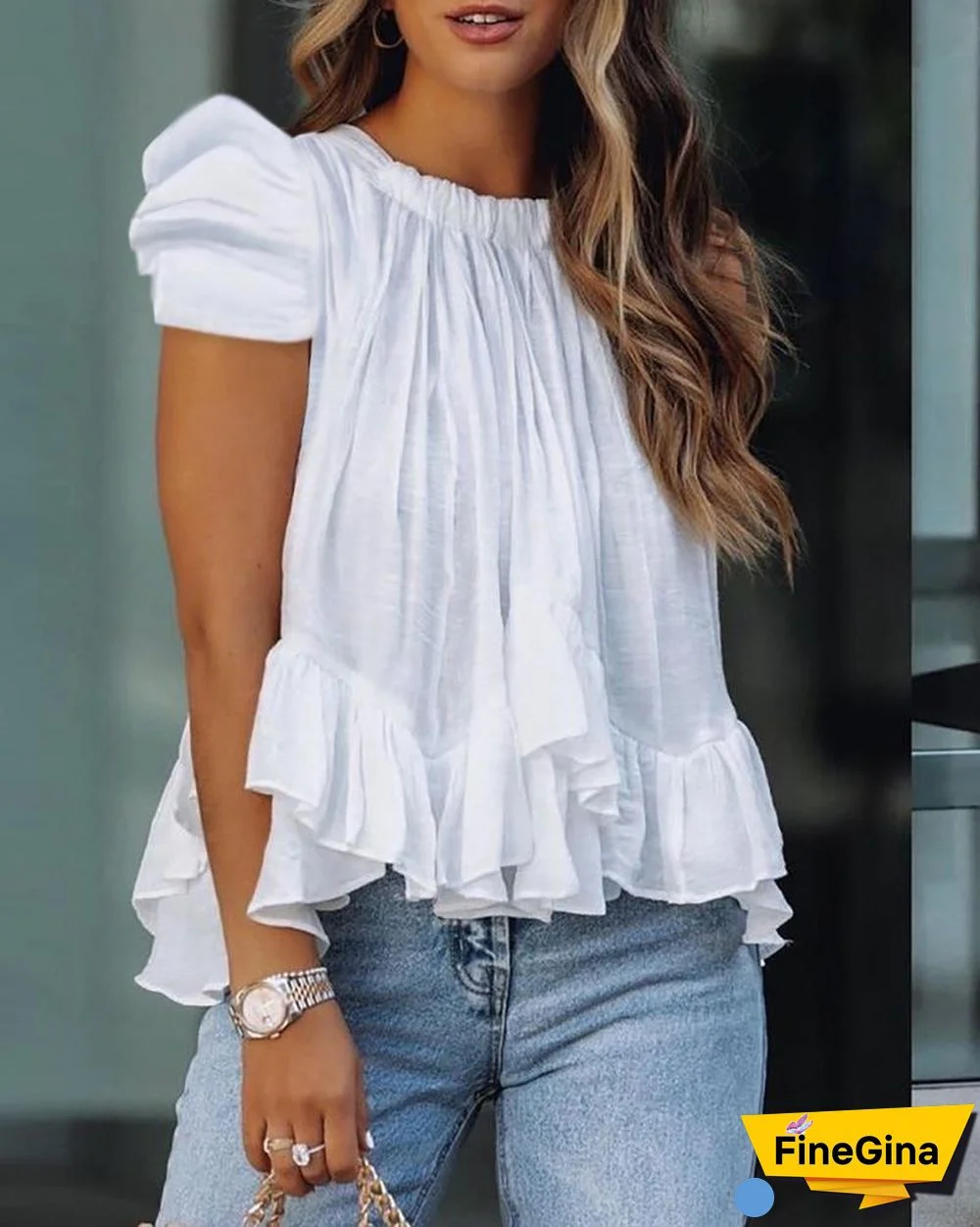 Puff Sleeve Ruffle Hem Ruched Top P14303