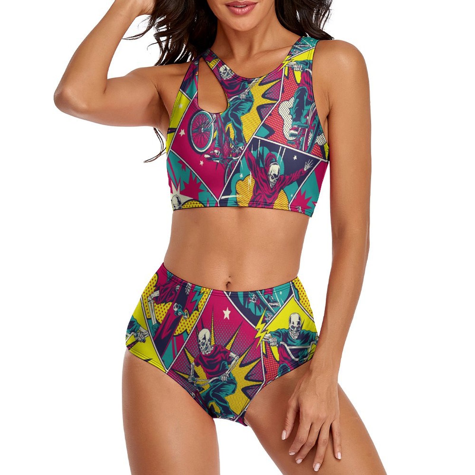 Women's Motocross High Waisted Two Piece Tankini Bathing Suits