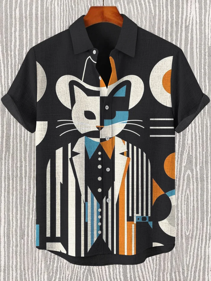 Men's Colorblock Striped Cat Art Print Casual Short Sleeve Shirt