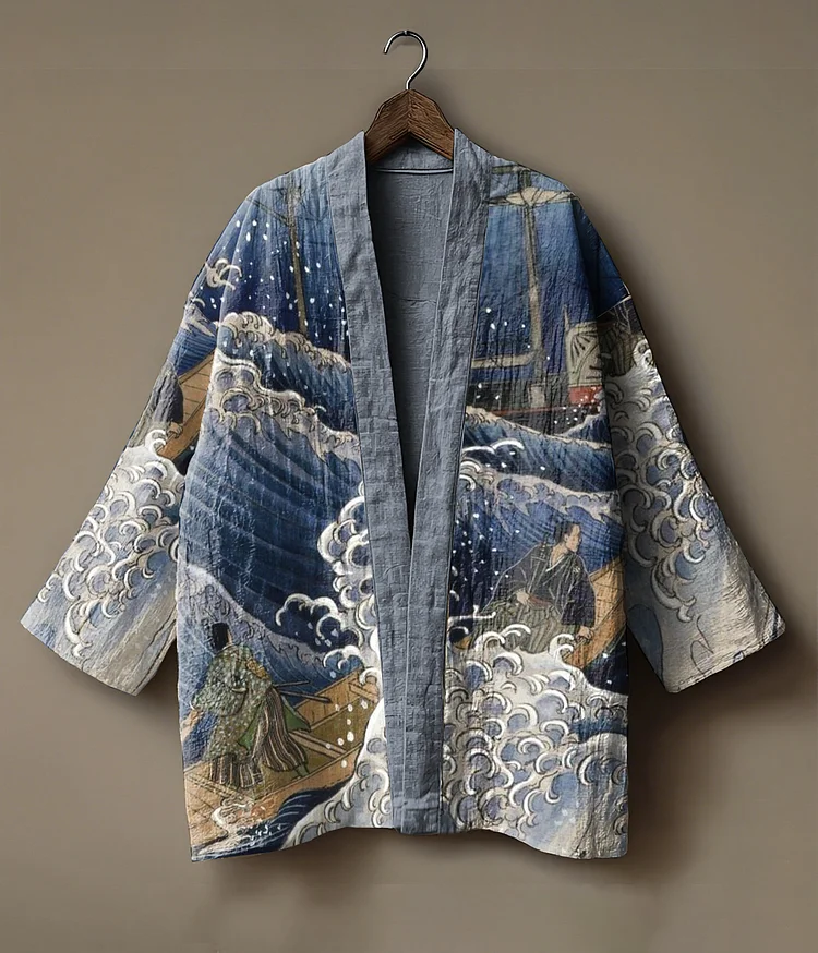 Japanese art-embroidered linen kimono cardigan