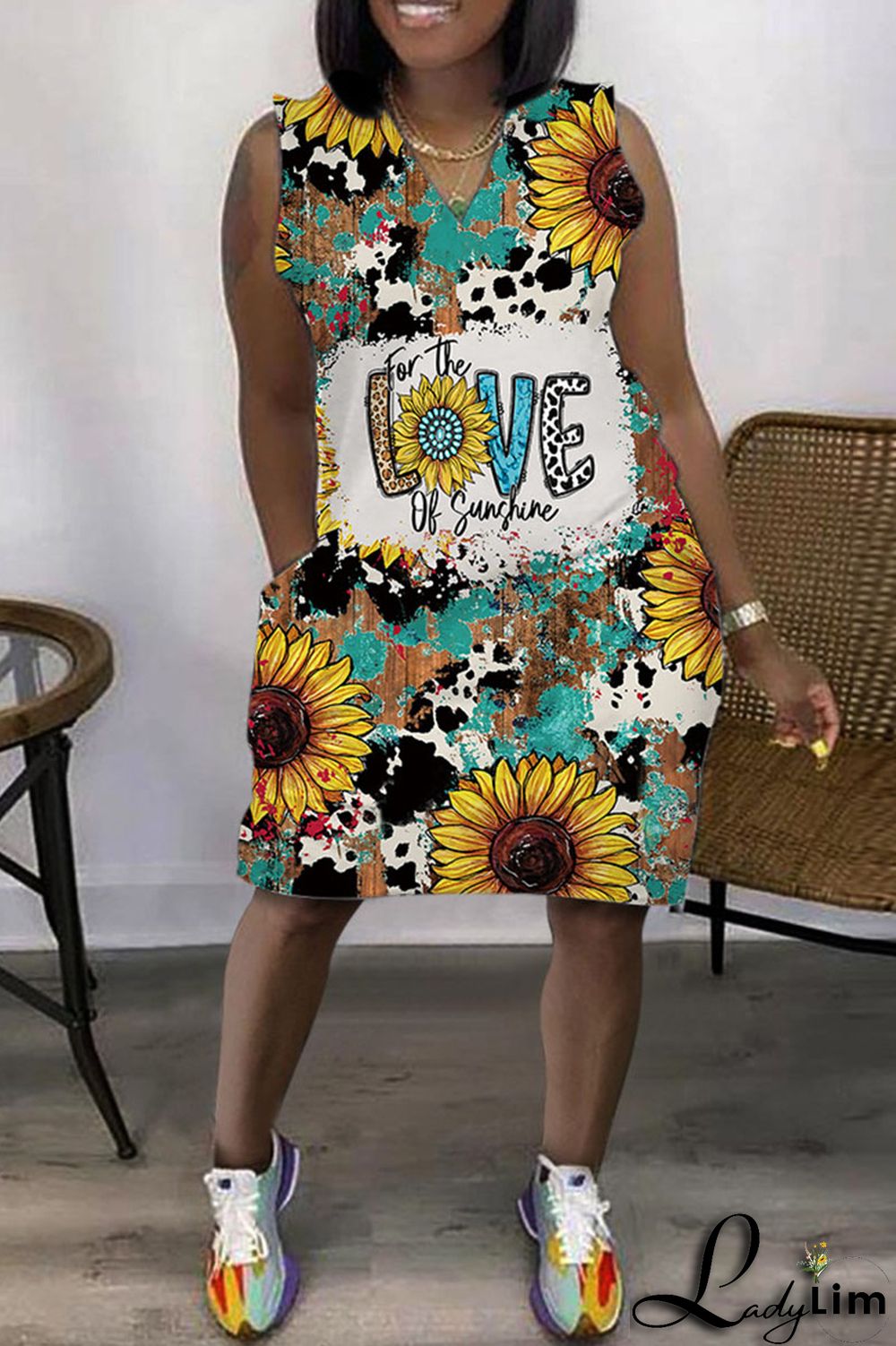 Colour Casual Print Patchwork V Neck Straight Dresses