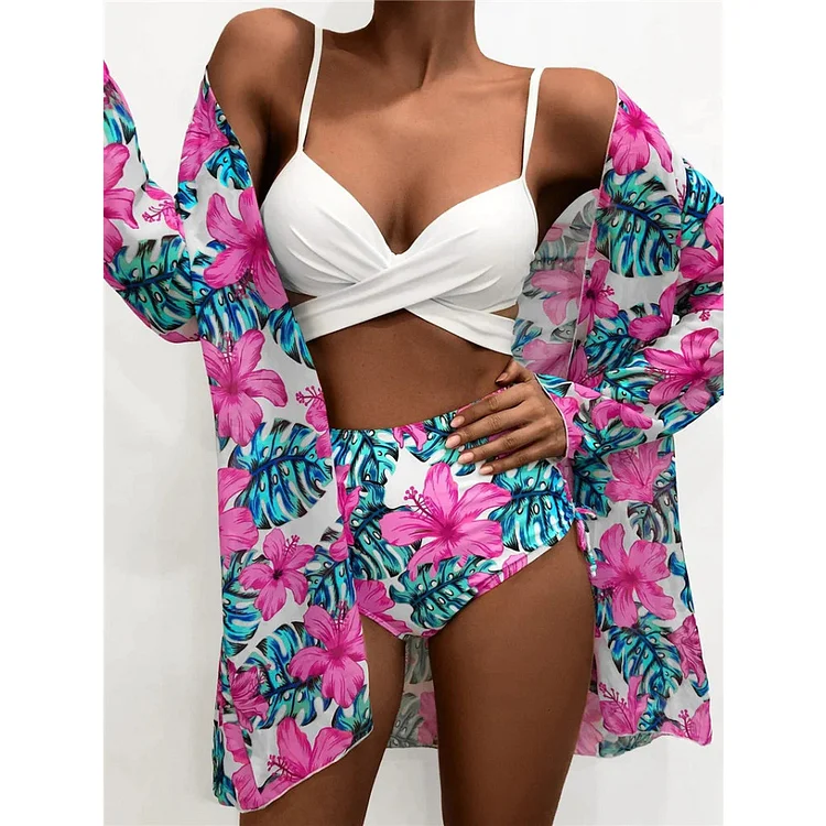 Sling Cut Out Leaf Flower Printed Sexy Bikini Swimsuit Three-piece Set
