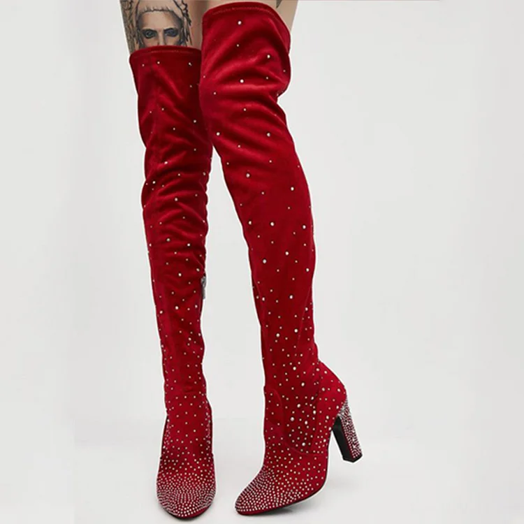 Red Pointed Toe Vegan Suede Rhinestone Thigh Boots with Block Heels |FSJ Shoes
