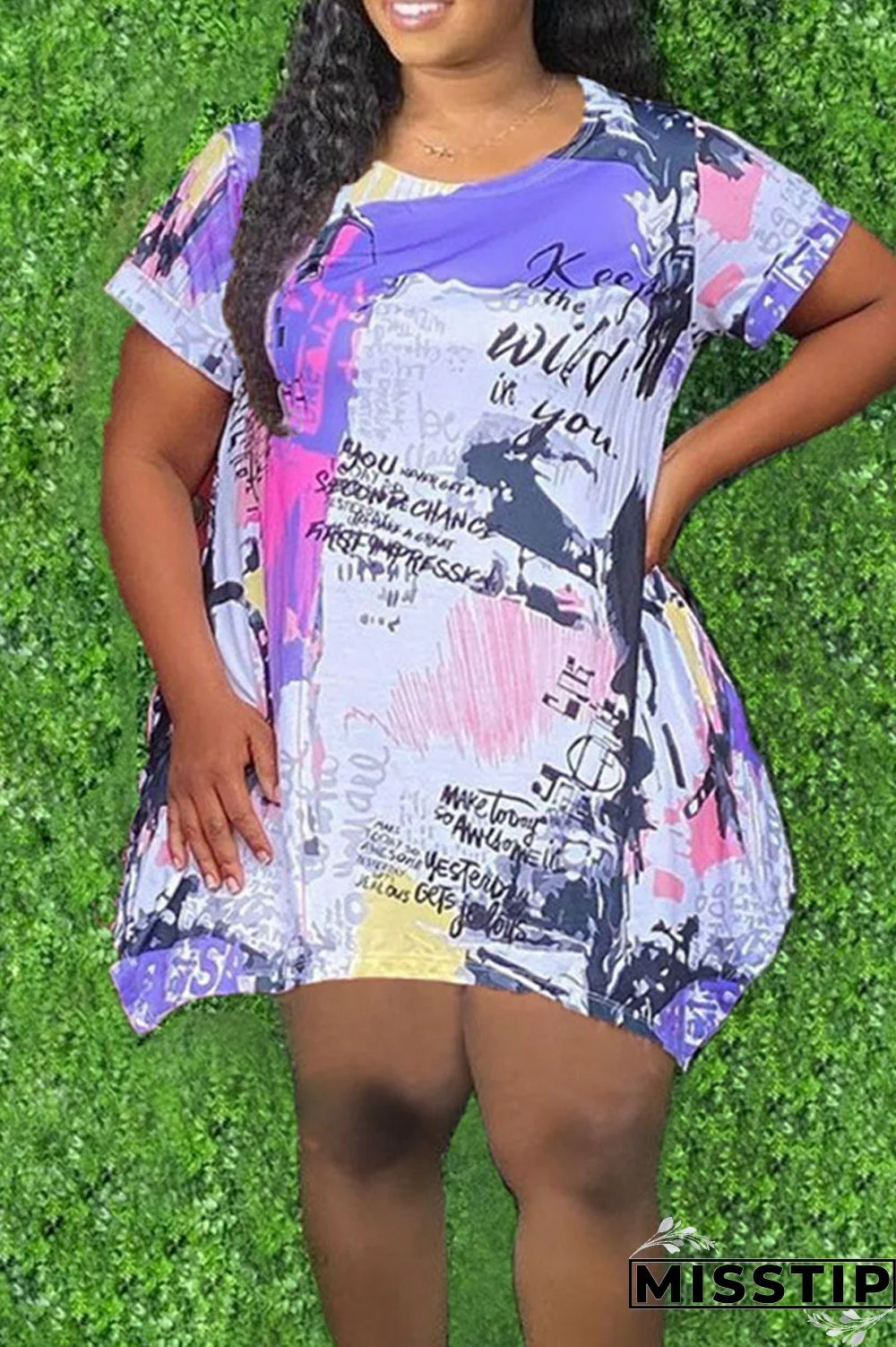 White Casual Print Patchwork Asymmetrical O Neck A Line Plus Size Dresses