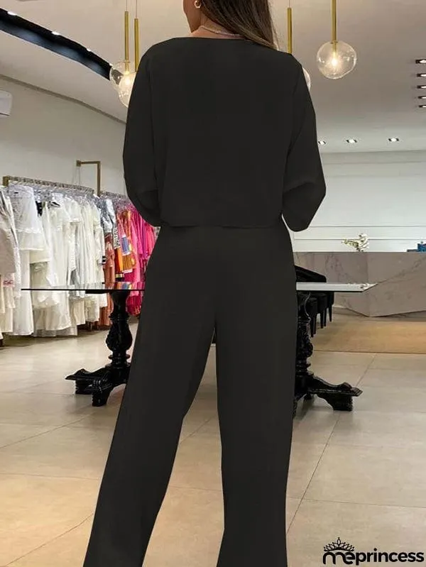 Solid Color Triangle Bras + Three-Quarter Sleeves Blouse + Pants Trousers Three Pieces Set