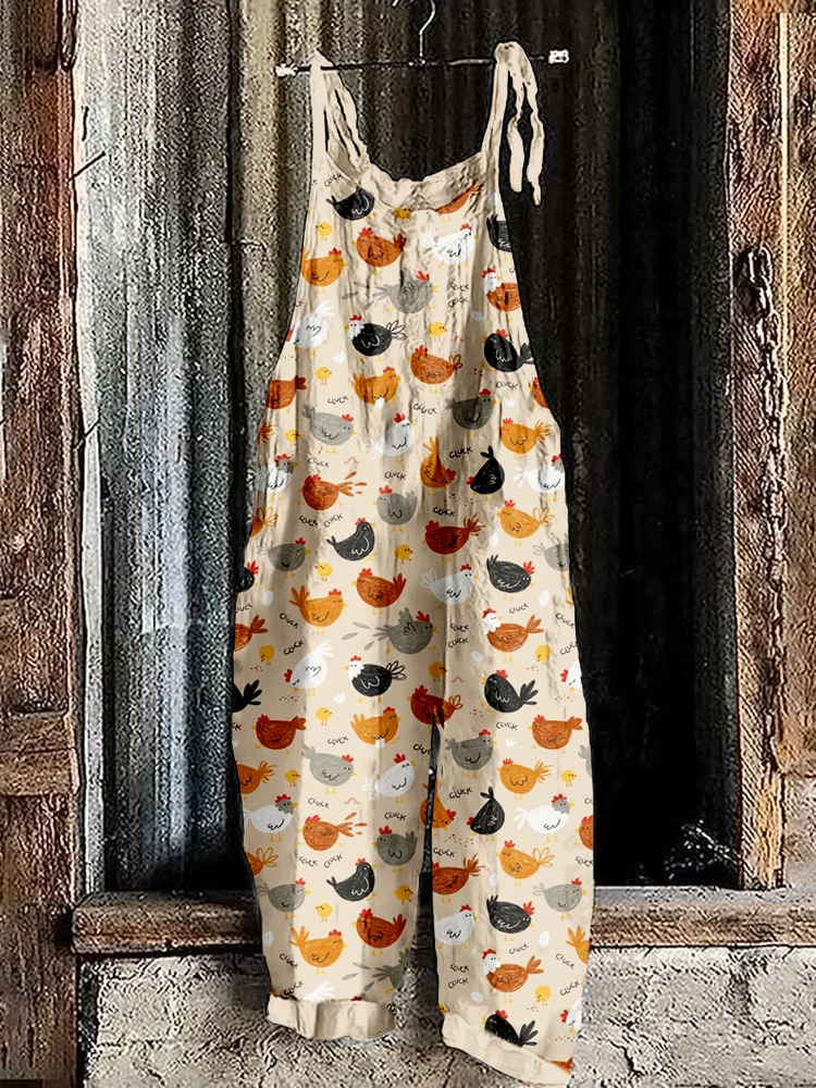 Comstylish Funny Crazy Hens Pattern Linen Blend Comfy Jumpsuit