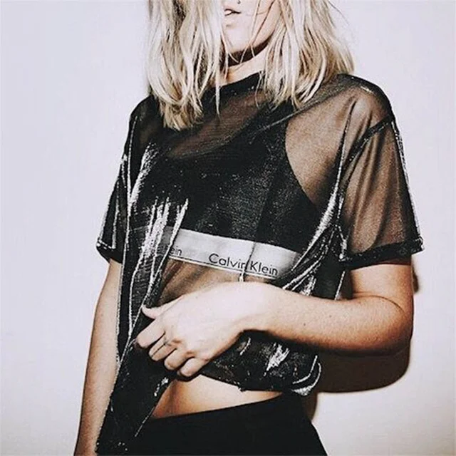 Ueong Ueong Spring New Station Hot Selling Gauze Transparent Round Collar Short-Sleeved T-Shirt Women
