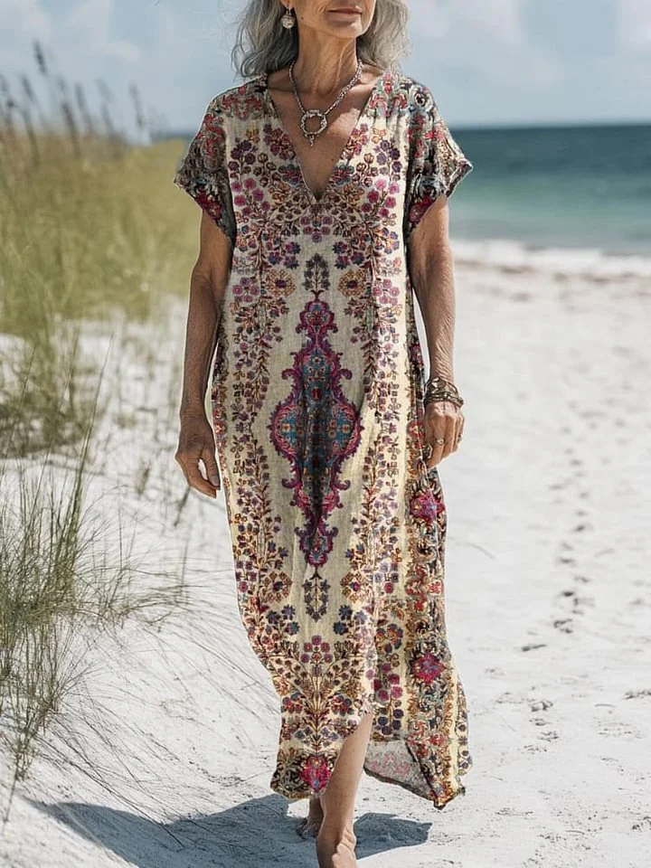 Women's Vintage Lovely Floral Art Print Pocket Cotton Dress