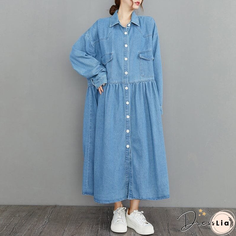 Spring Minimalist Loose Casual Denim Dress Long Sleeve