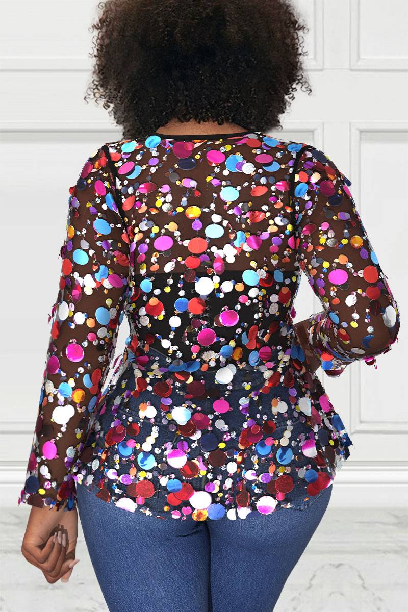 Plus Size Party Tops Multicolor Spring Summer V Neck Long Sleeve See Through Sequin Tops [Pre-Order]