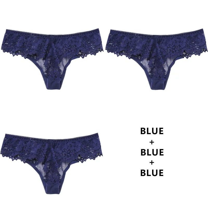 Meet'r 3Pcs/Lot Women Sexy Lace Lingerie Temptation Low-Waist Panties Embroidery Underwear Female Thong Transparent G String