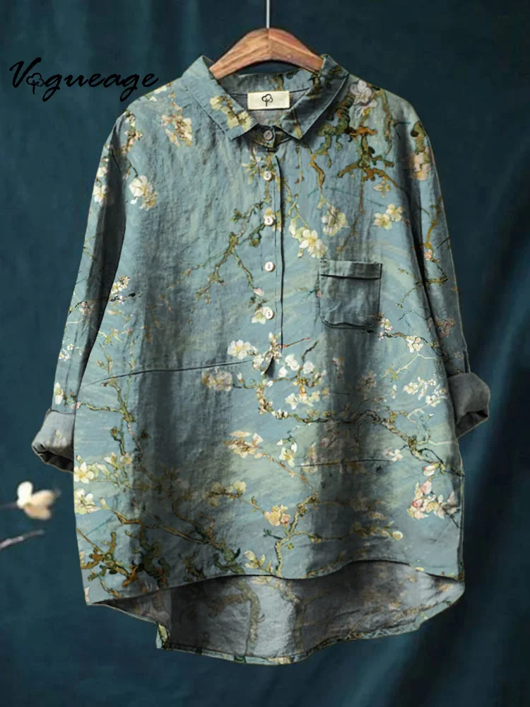 Colorful Watercolor Flower Print Cotton And Linen Shirt