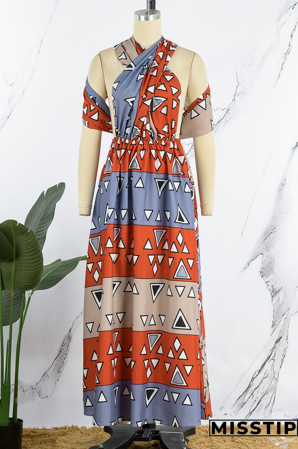 Brick Red Vintage Elegant Print Bandage Patchwork Asymmetrical Collar A Line Dresses