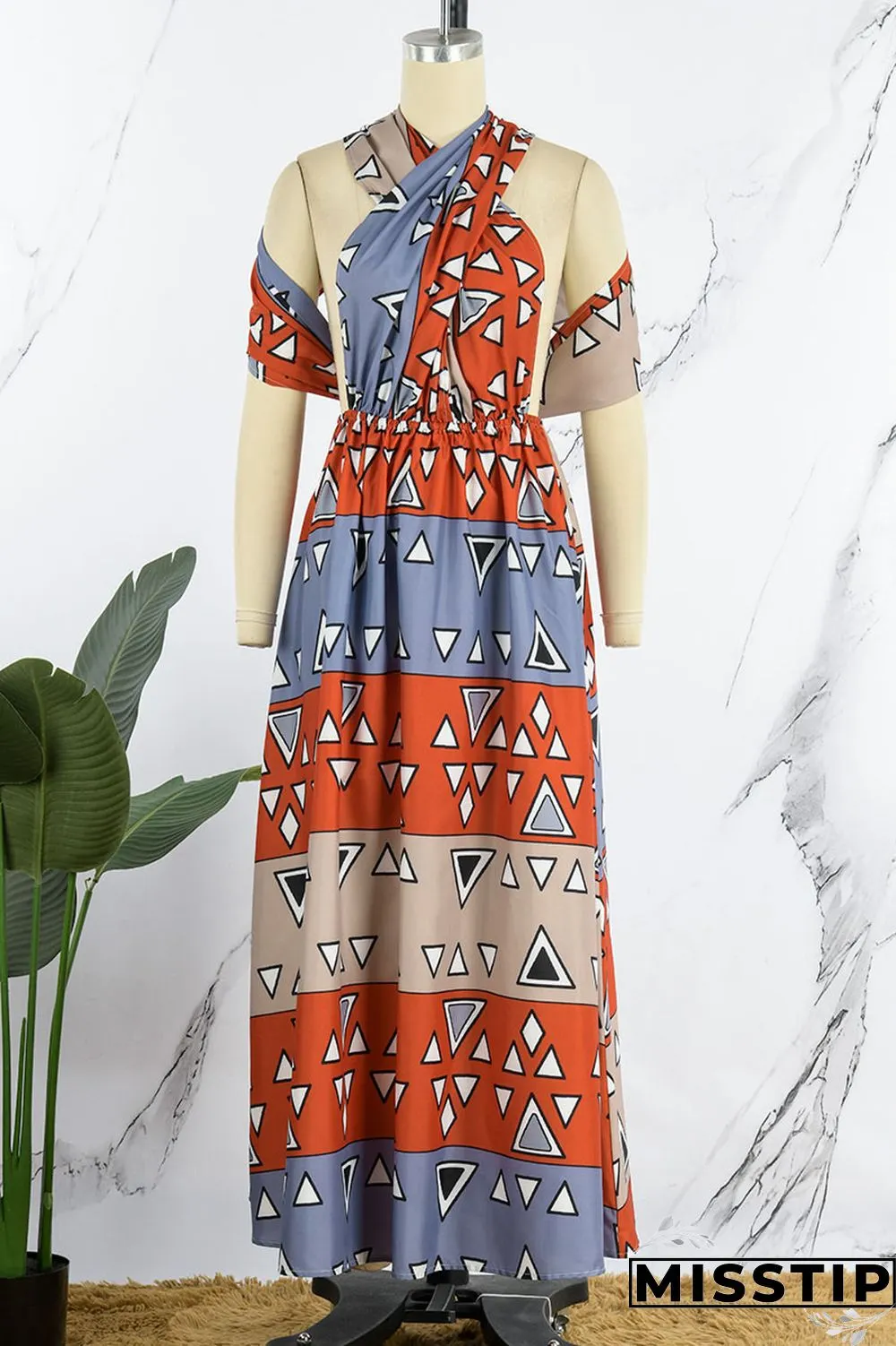 Brick Red Vintage Elegant Print Bandage Patchwork Asymmetrical Collar A Line Dresses