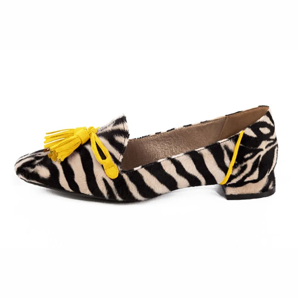 Black and Beige Round Toe Zebra Print Women's Loafers with Tassels