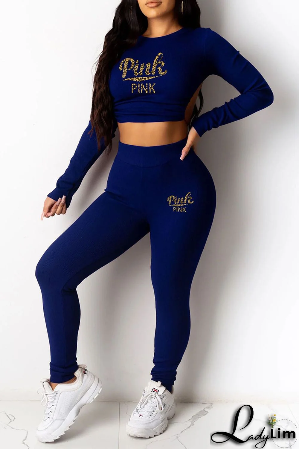 Black Sexy Print Patchwork Frenulum Backless O Neck Three Quarter Two Pieces