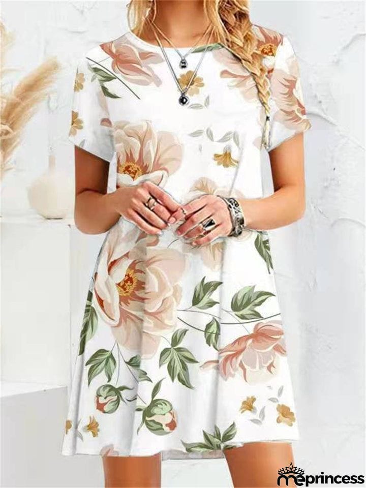 Gentle Female Flower Print Crew Neck Short Sleeve Trendy Dress