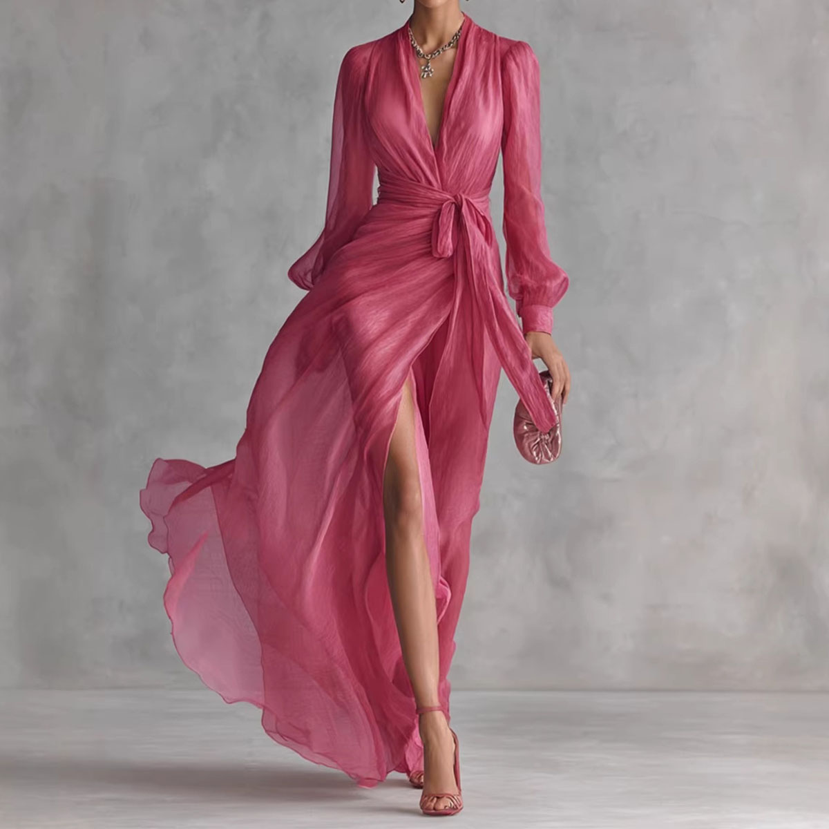 Women's V-neck Slit Long-sleeved Flowing Solid Color Mesh Dress elevenforest