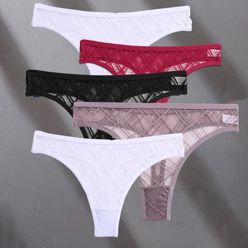 FINETOO 5PCS/Set Lace Sexy Women Thongs Floral Perspective G-string Lingerie Panties Low-Waist Femme Girls Underwear Mesh Pantys