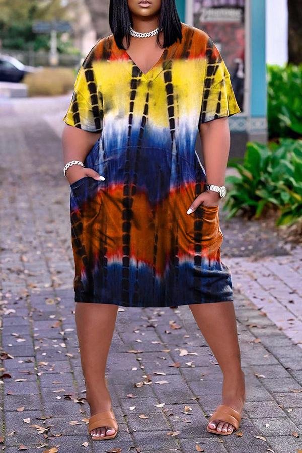 V-neck Tie Dye Pocket Midi Dress