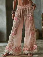 Vintage Boho Roses Embroidered Comfy Linen Pants