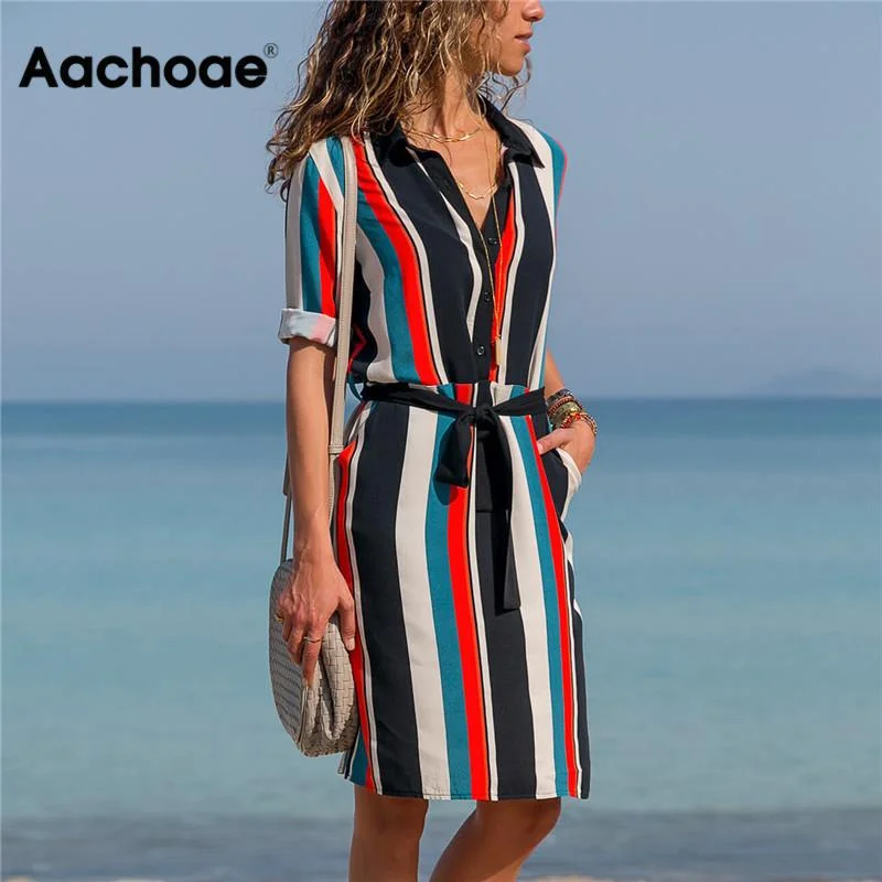 Aachoae Dress 2021 Summer Striped A-line Print Boho Beach Dresses Women Long Sleeve Office Shirt Dress Mini Party Dress Vestidos