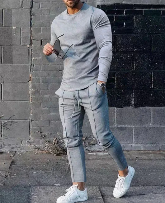 Solid Color Long Sleeve Drawstring Splicing Pants Set