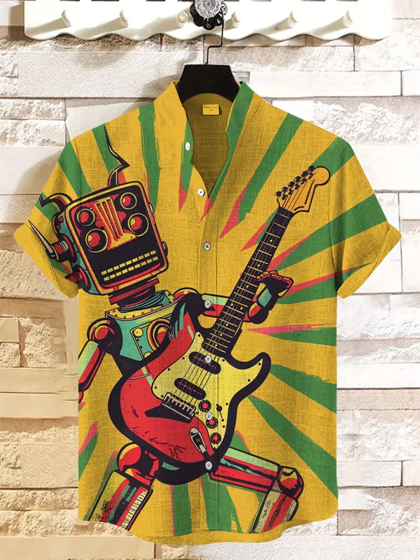 Men's Rock Music Robot Space Geek Art Print Casual Shirt