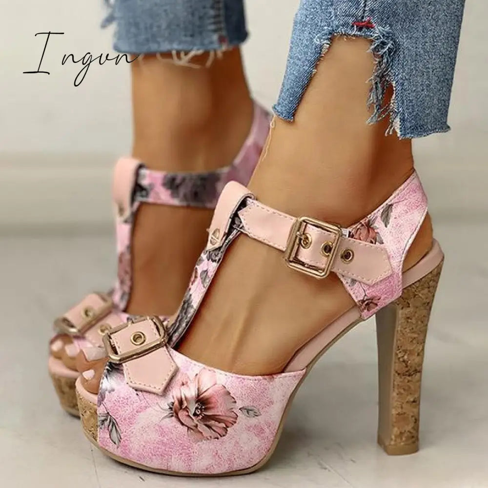 Ingvn - Flower Print Peep Toe Platform Chunky Heels Pink / 5 Sandals