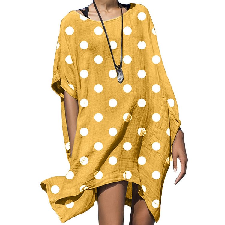 Women's polka dot short-sleeved cotton and linen dress