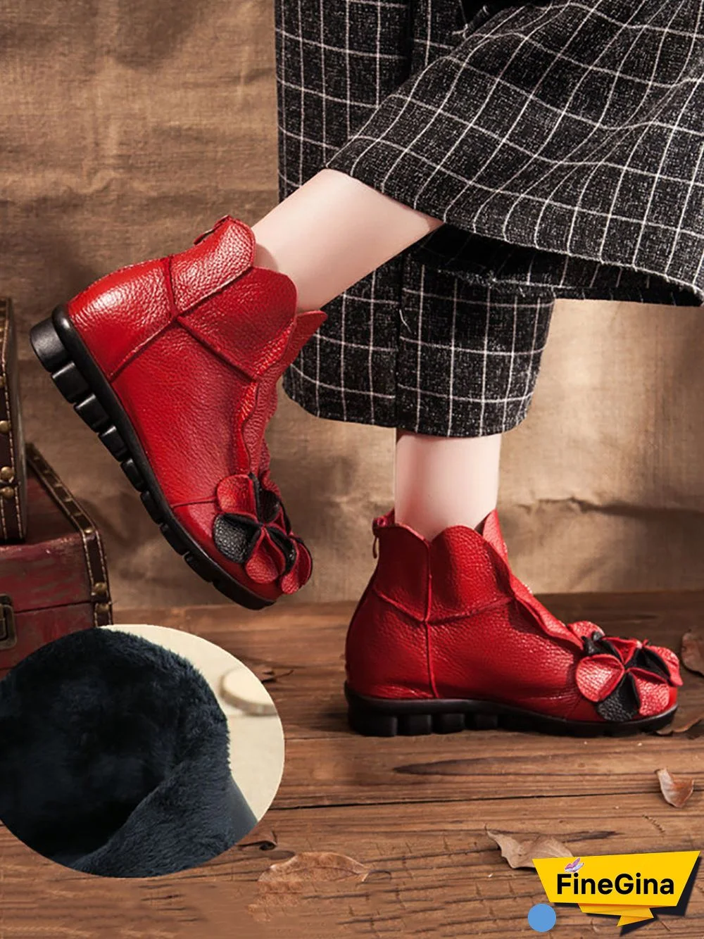 Women Winter Retro Leather Flower Spliced Ankle Boots