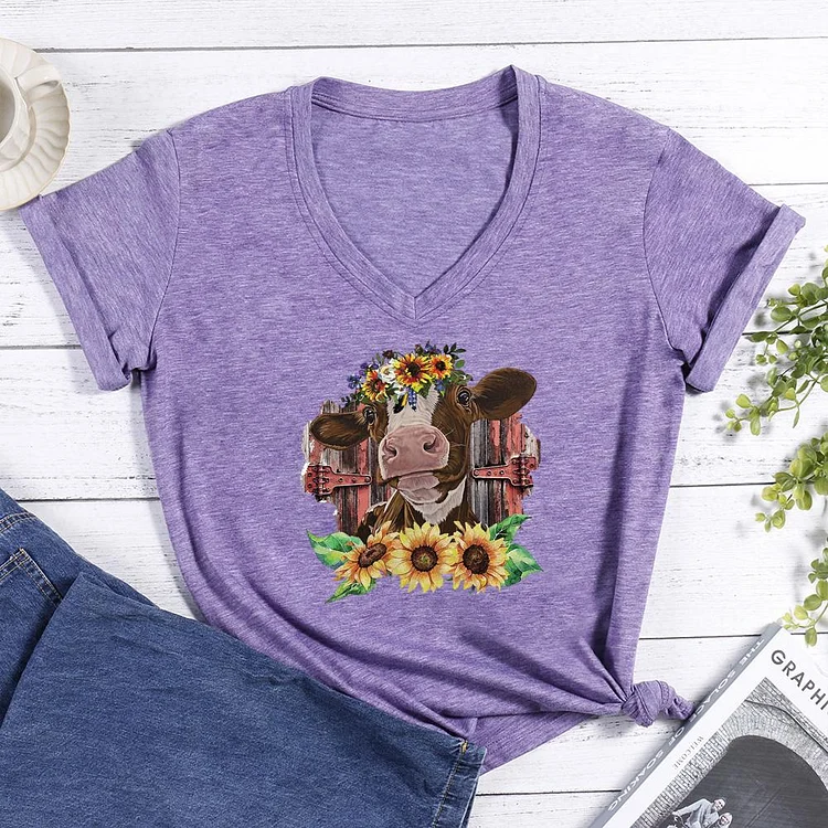 Cow with Sunflowers V-neck T Shirt