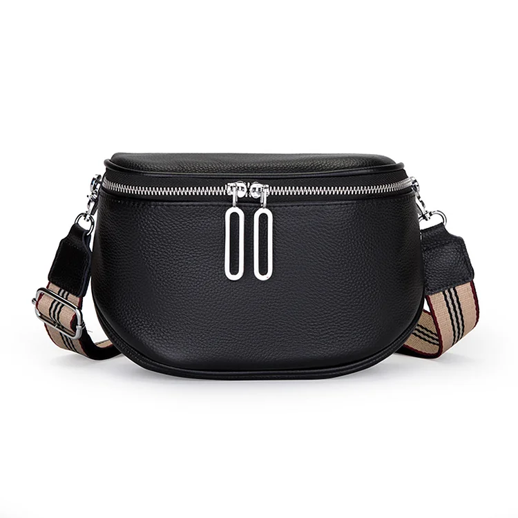 Fashion Belt Bag Cowhide Leather Solid Travel Saddle Waist Fanny Pack (Black)