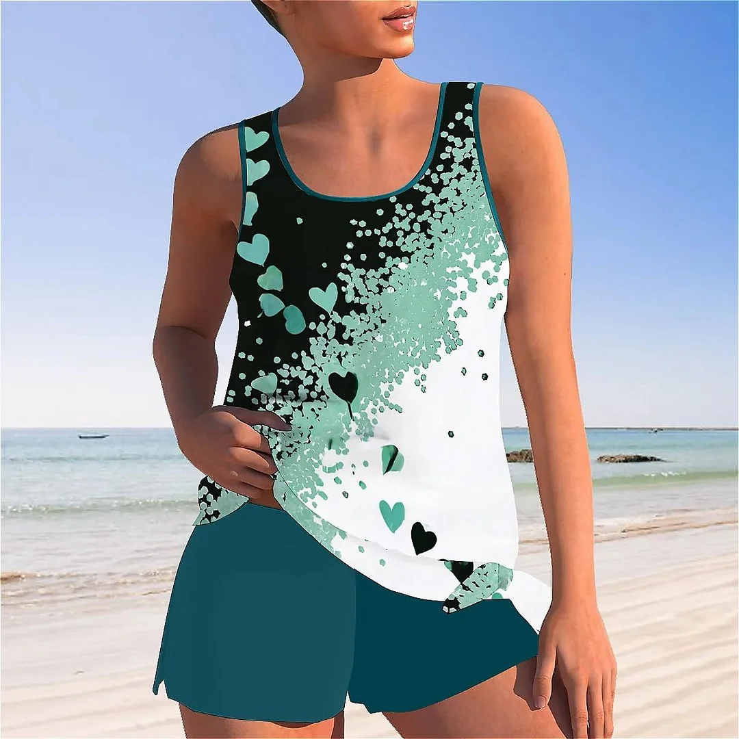 Bowknot Butterfly,Green,Dark Green Mid Waisted Tankini Set - Plus Size Available