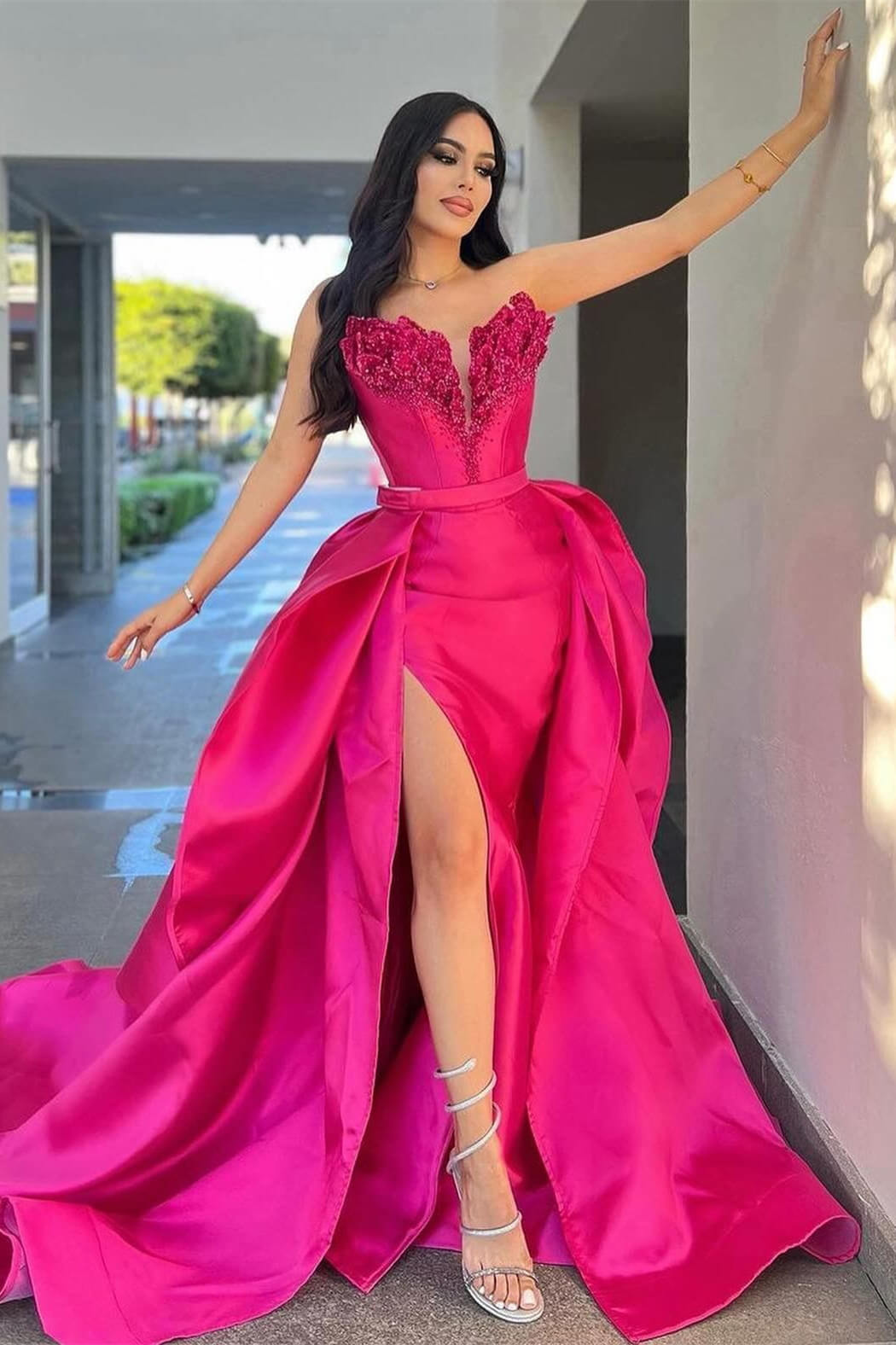 Luluslly Fuchsia Sweetheart Prom Dress Slit Overskirt Long With Beadings