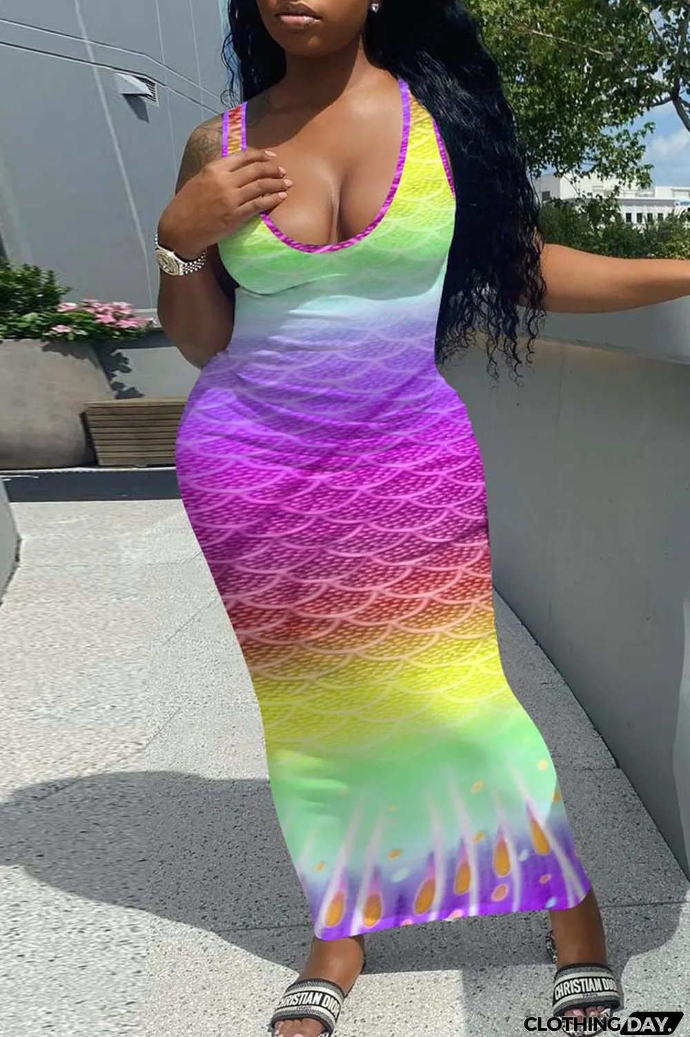 Blue Fashion Sexy Gradual Change Print Basic U Neck Vest Dress