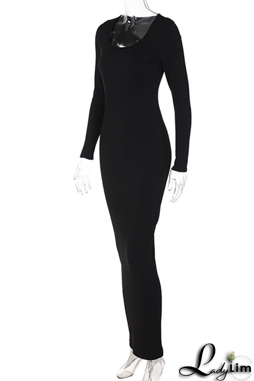 Black Fashion Casual Solid Basic U Neck Long Sleeve Dresses