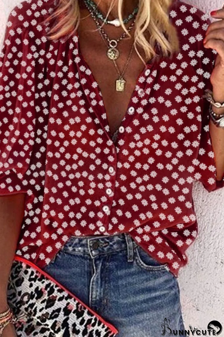 Daisy Print V-Neck Casual Blouse