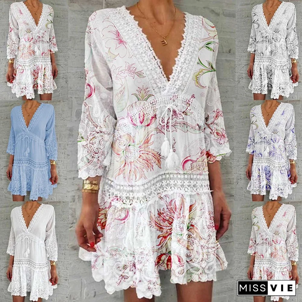 Women Fashion Floral Printed Dress Casual Beach Dress Summer V-Neck Lace Dress Sexy Party Dress 3/4 Sleeve Boho Dress