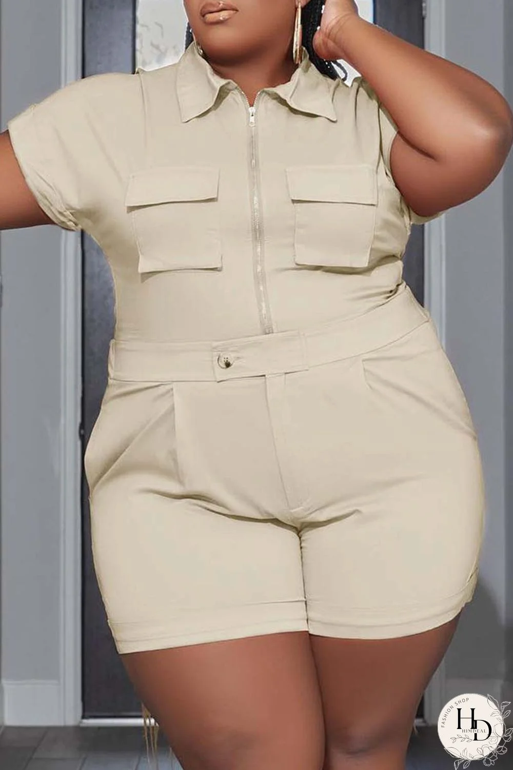 Cream White Casual Solid Patchwork Turndown Collar Plus Size Two Pieces