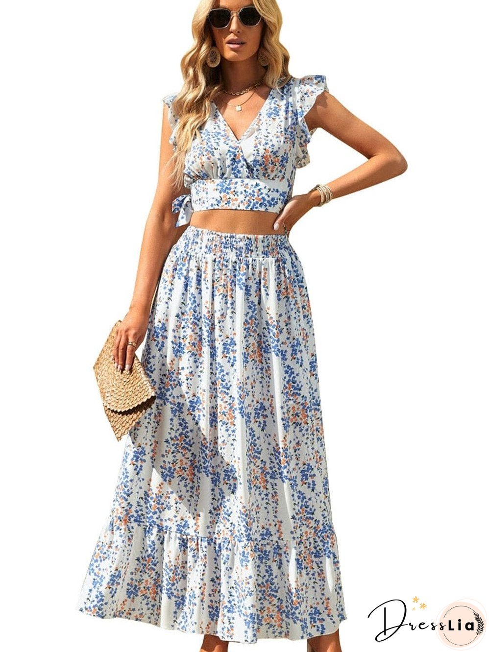 Floral White Bohemian Chic Two Piece Maxi Dress Set