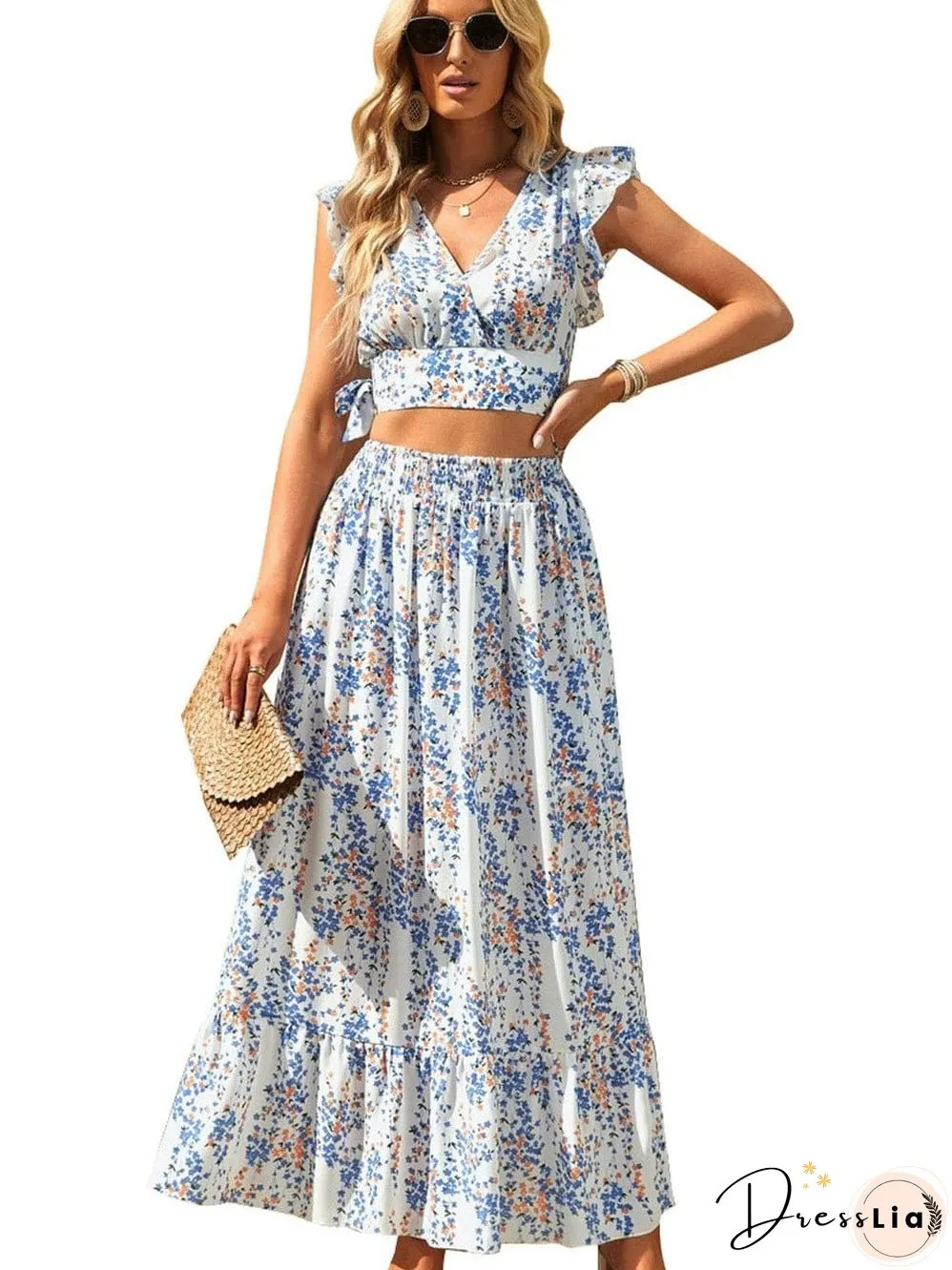 Floral White Bohemian Chic Two Piece Maxi Dress Set