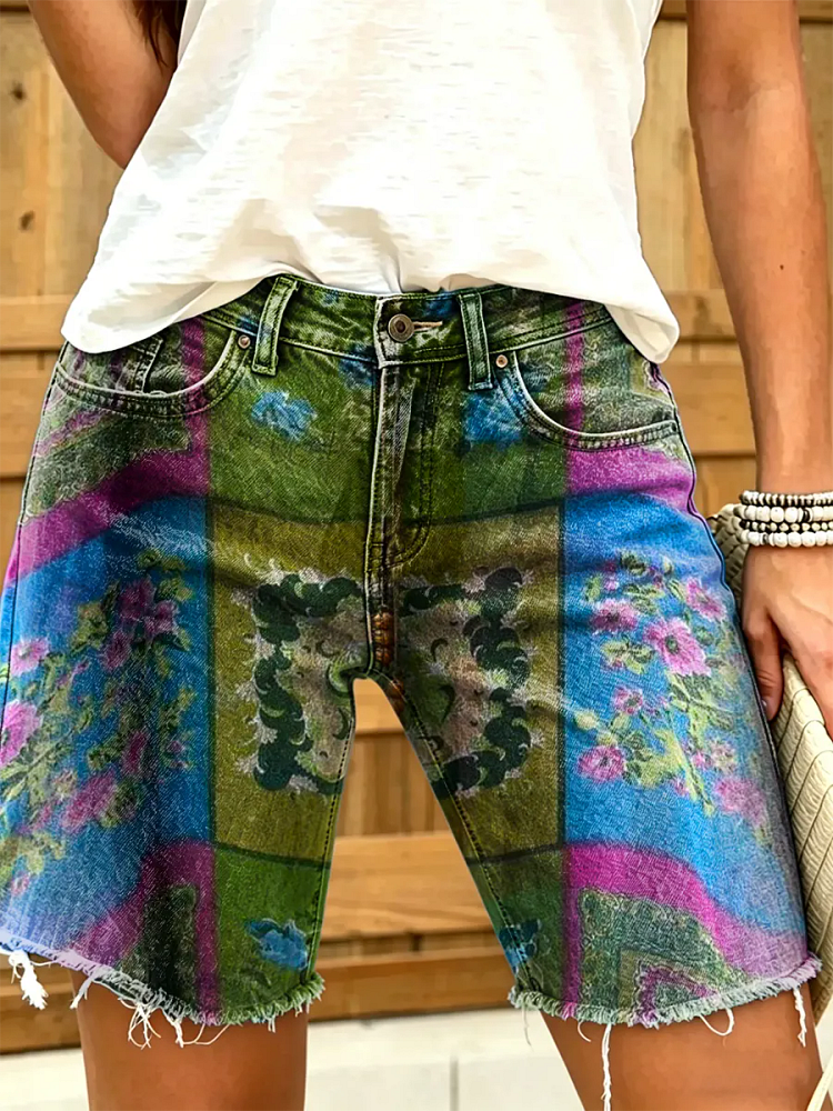 Women's Hippie Bohemian Floral Art Print Fashion Denim Shorts
