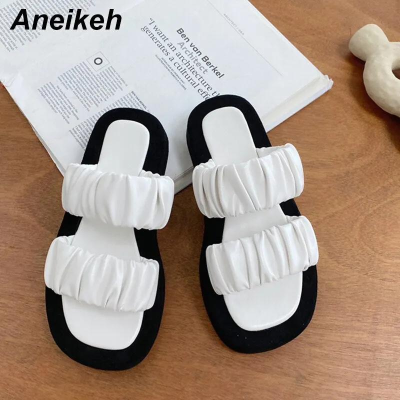 Aneikeh Summer Women Shoes Slippers Slides PU Rubber Basic Solid Outside Flat With Adult Pleated 35~39 Pleated Rome Platform
