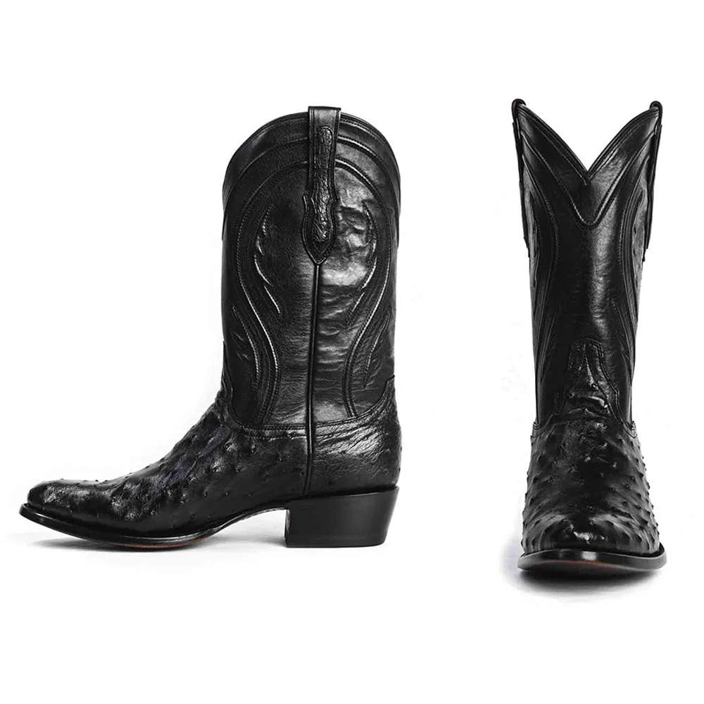 YDN Black Ostrich Embossed Round Toe Chunky Heel Cowgirl Boots