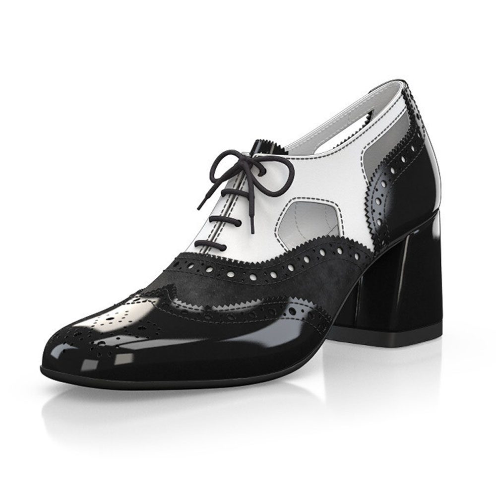 Black & White Square Toe Block Heel Lace-Up Oxford Shoes Nicepairs