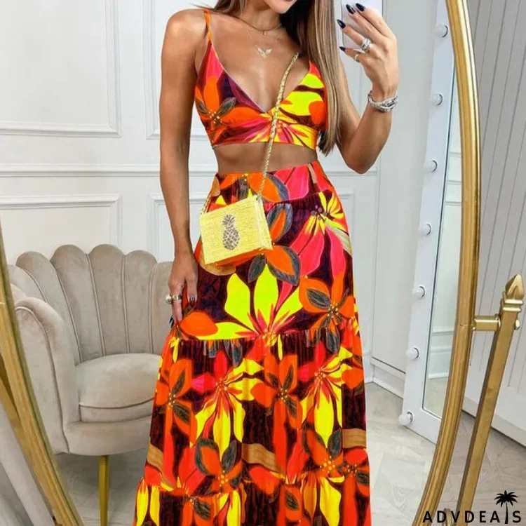 Women's Summer Print V-Neck Sling Chic Long Dress Two Piece Set