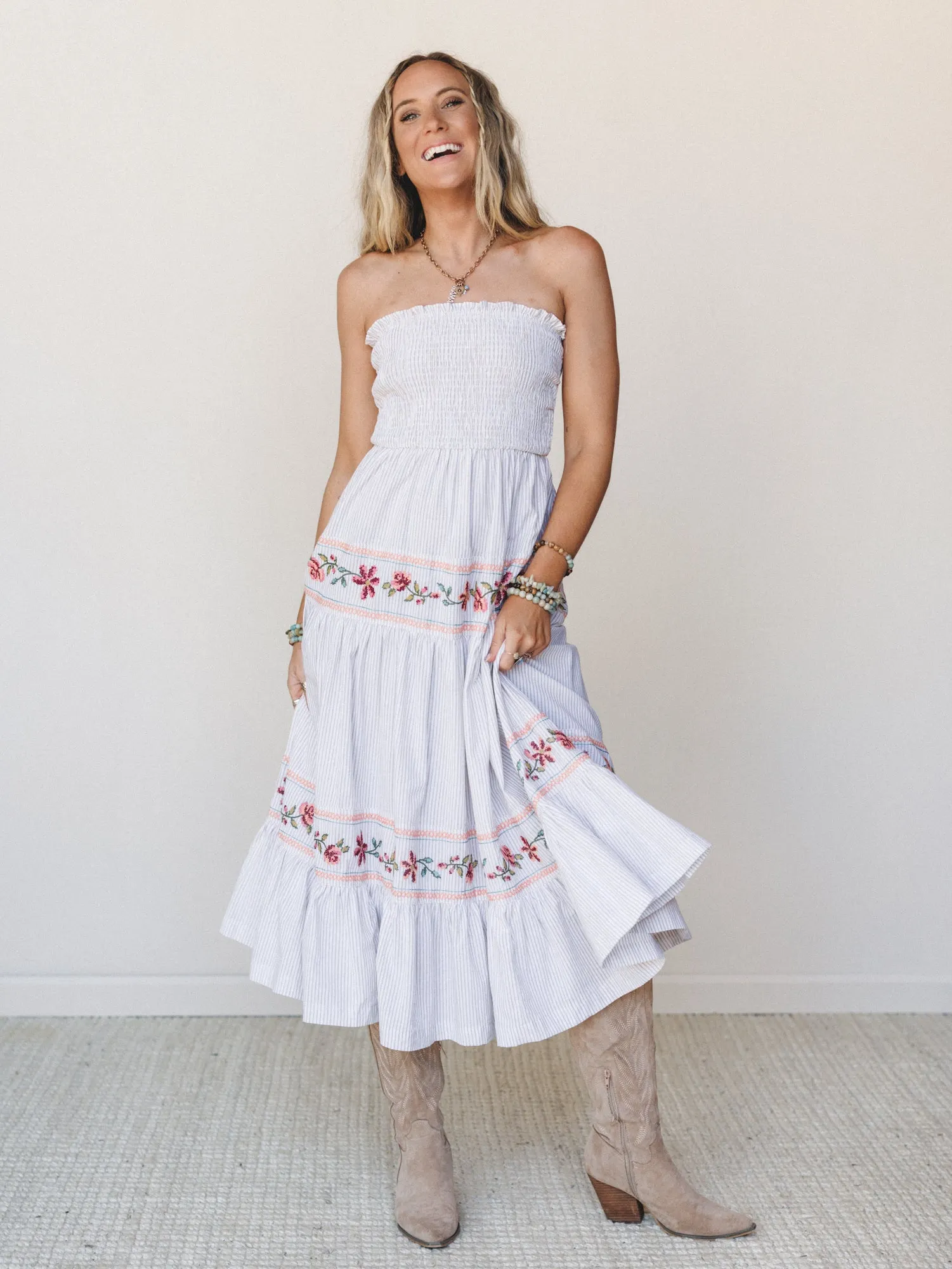 Garden Nomad Embroidered Dress - Off White Taupe