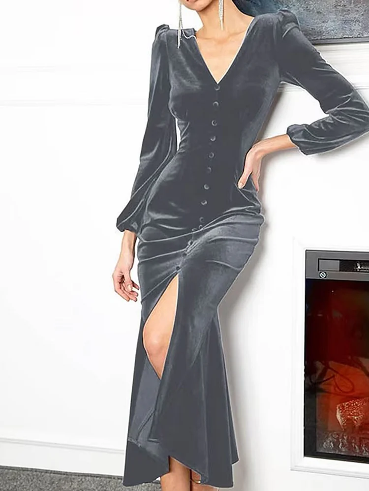 Elegant V Neck Button High Spilt Velvet Midi Dress