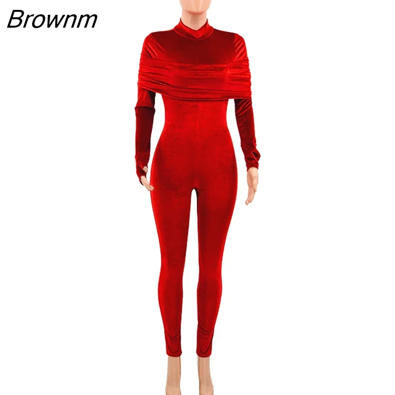 Brownm Christmas Velvet Jumpsuit Women Turtleneck Long Sleeve Ruched Off Shoulder Skinny Overalls Autumn Winter Party Romper